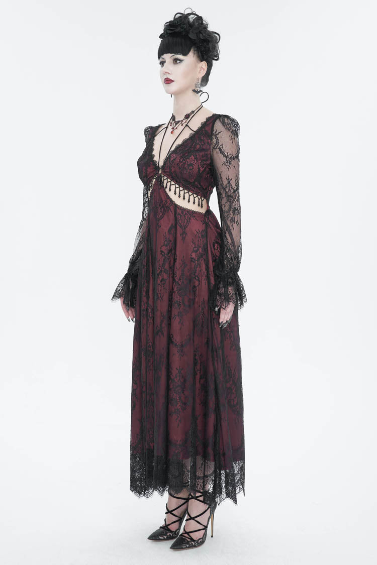 Red Lace Appliqu Adjustable Waist Cutout Women's Gothic Dress - Product - 3