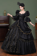 Black Square Collar Half Trumpet Sleeves Double-Layered Ruffled Open-Front Gothic Vintage Palace Lolita Victorian Dress - Product - 4