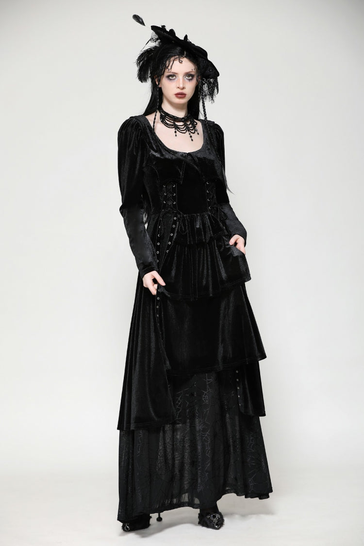 Black Long Sleeves Eyelets Side Slit Women's Gothic Maxi Dresses Wedding Dress - Product - 6