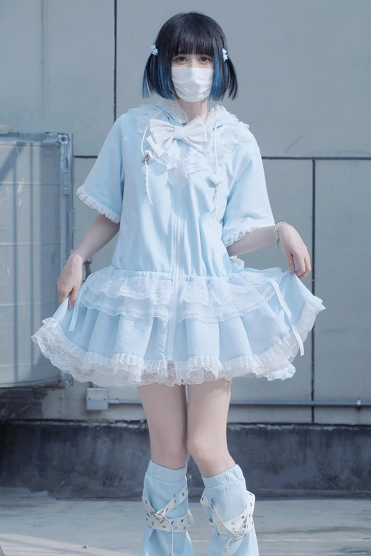 Blue Rabbit Ears Hooded Bowknot Lace Sweet Lolita Coat Set - Product - 8