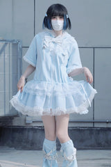 Blue Rabbit Ears Hooded Bowknot Lace Sweet Lolita Coat Set - Product - 8