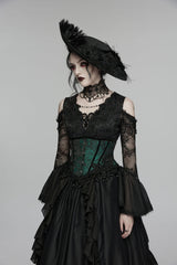 Black/Green Jacquard Lace-Up Slim Women's Gothic Tassels Corset - Product - 6
