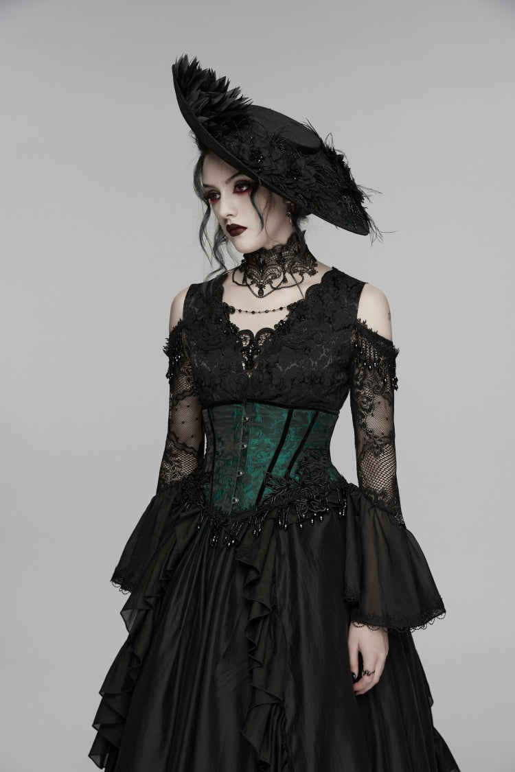 Black/Green Jacquard Lace-Up Slim Women's Gothic Tassels Corset - Product - 6