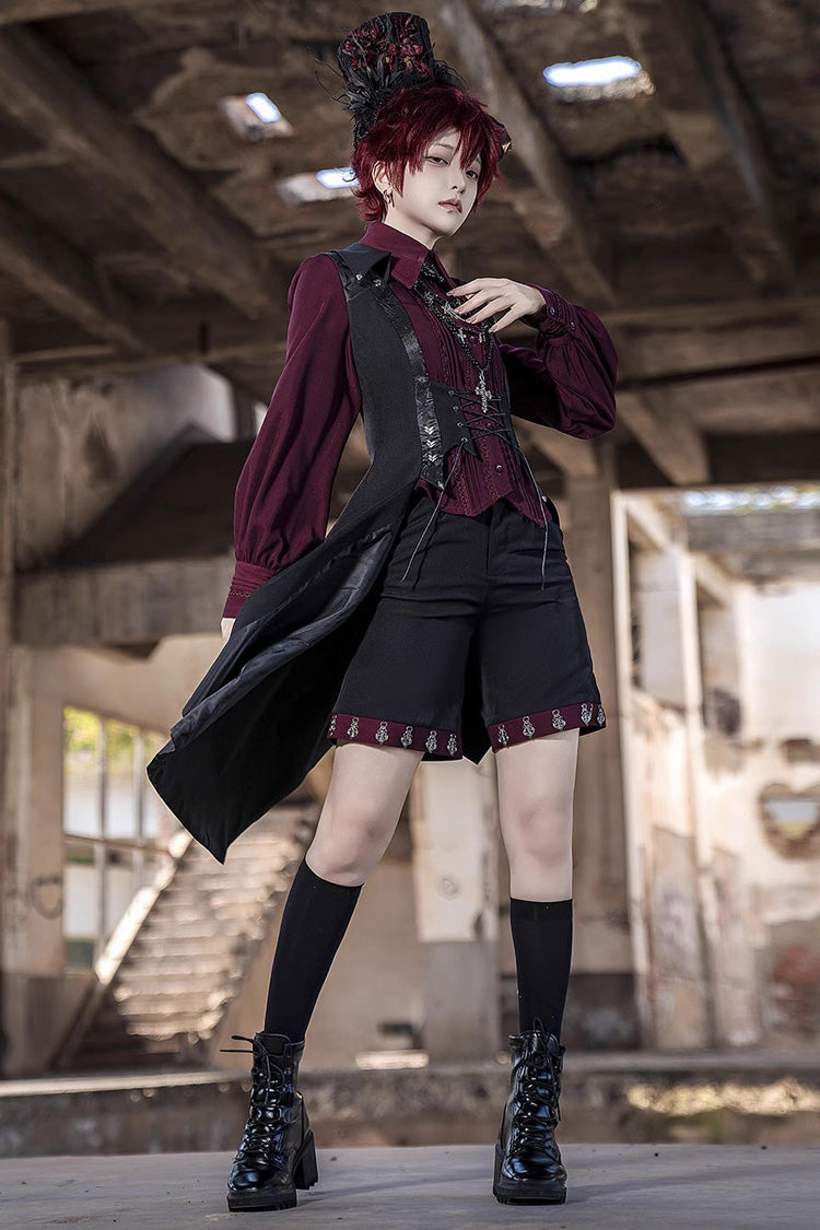 Red Lapel Collar Long Sleeves Embroidery Slim Gothic Vintage Prince Ouji Lolita Blouse - Product - 8