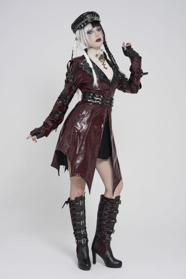 Red Lapel Collar Long Sleeves Lace-Up Irregular Eyelets & Rings Women's Punk Coat - Product - 6
