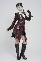 Red Lapel Collar Long Sleeves Lace-Up Irregular Eyelets & Rings Women's Punk Coat - Product - 6