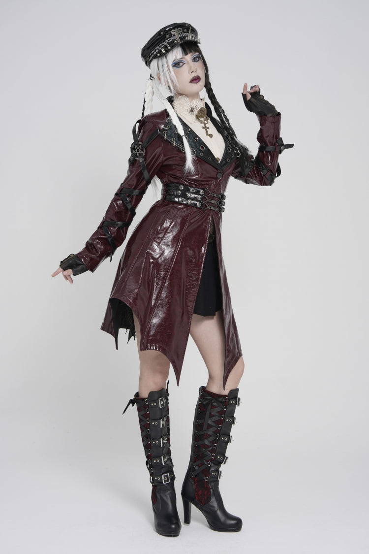 Red Lapel Collar Long Sleeves Lace-Up Irregular Eyelets & Rings Women's Punk Coat - Product - 6