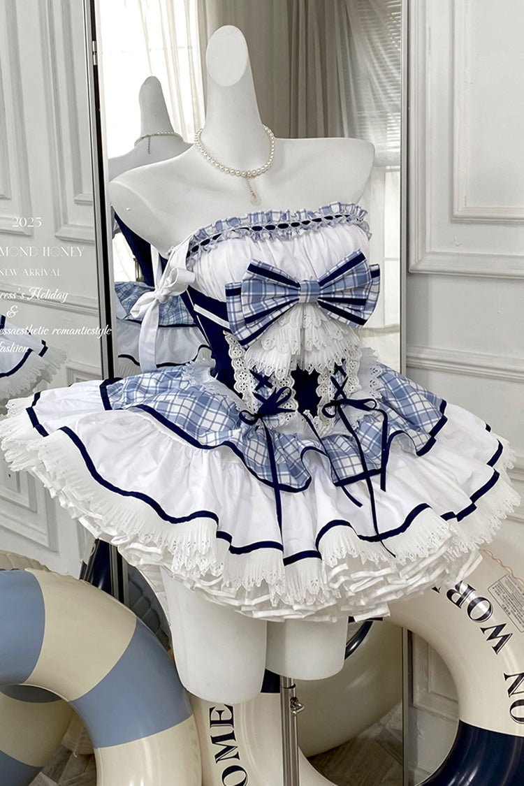 Blue/White [Sailing Love] Navy Collar Sleeveless Plaid Print Ruffle Bowknot Sweet Lolita Dress - Product - 18