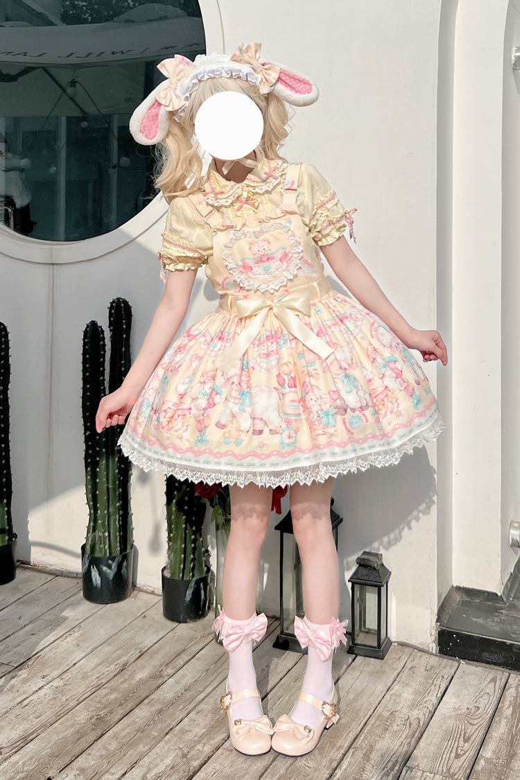 Yellow Sheep's Party Print Bowknot Stitching Lace Sweet Lolita Strap Dress - Product - 4