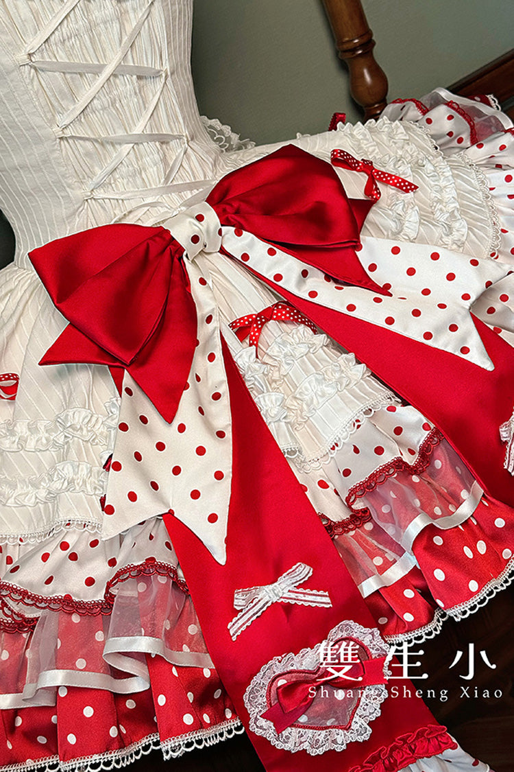 Red/White Twin Bears Sleeveless Triple-Layered Print Ruffle Bowknot Lace Sweet (Dress Only) detail view 12