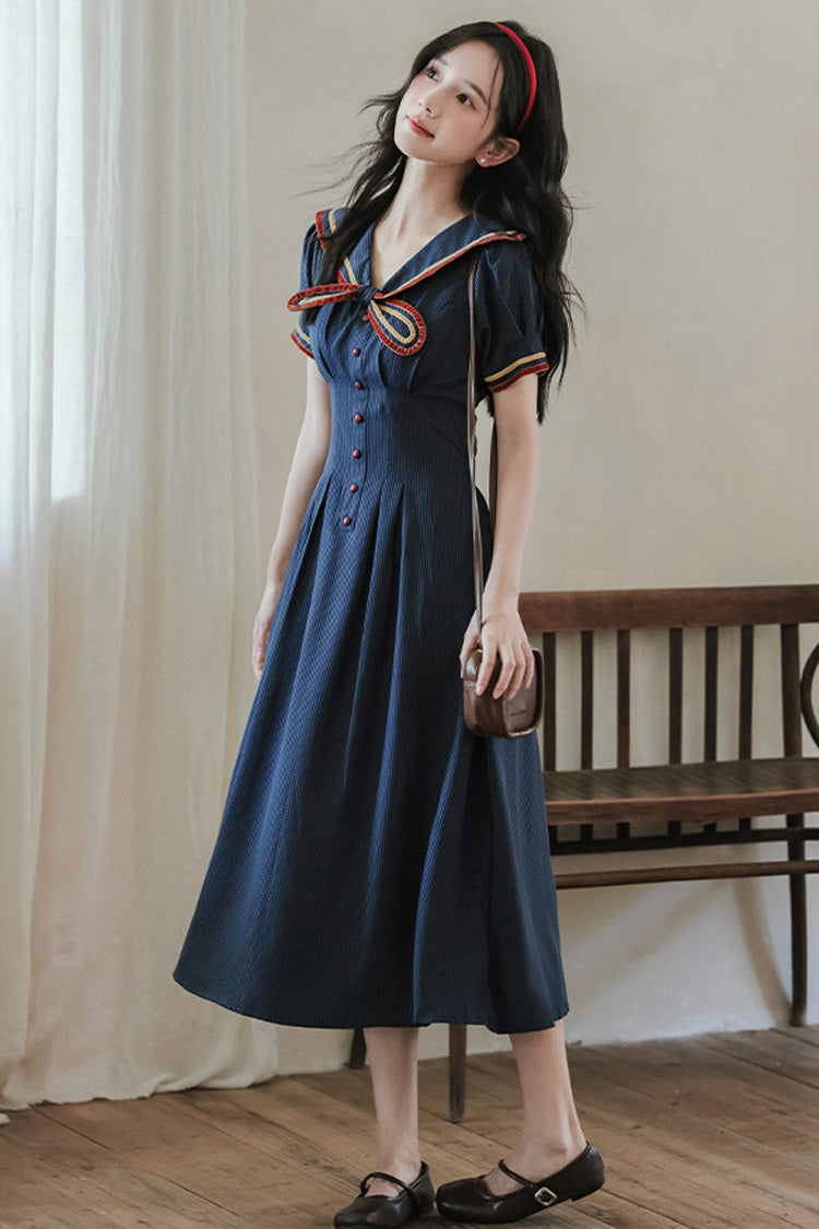 Dark Blue Navy Collar Short Sleeves Subtle Pattern Bow Classic College Style Lolita Dress - Product - 11