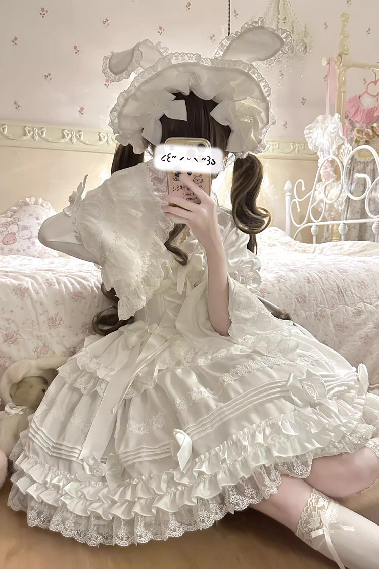 White [Layered Buttercream Frosting] Short Sleeves Ruffle Bowknot Lace Sweet Lolita Dress - Product - 9