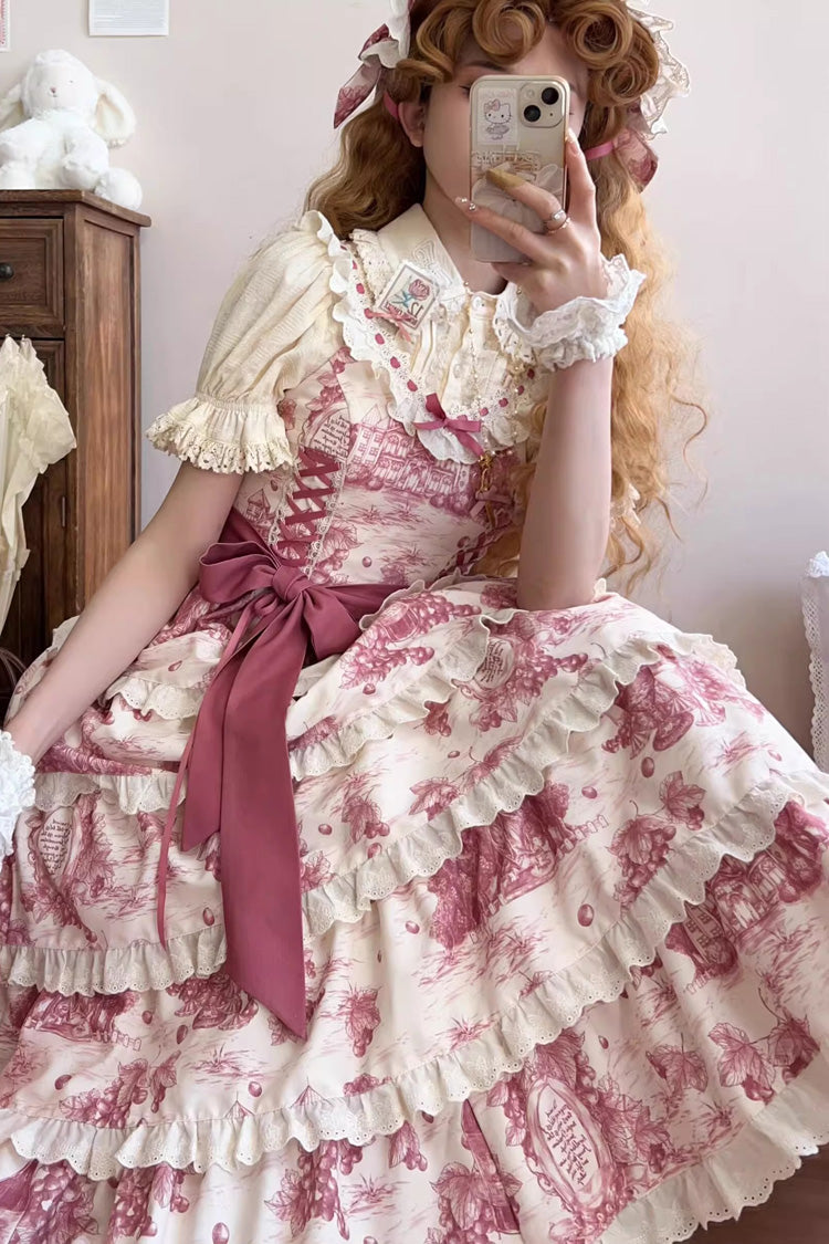 Rose Red [Grape Moon Almanac] Sleeveless Multi-Layered Printed Ruffled Bow Adjustable-Length Sweet Lolita Jsk Dress - Product - 7