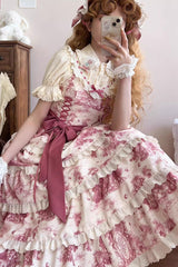 Rose Red [Grape Moon Almanac] Sleeveless Multi-Layered Printed Ruffled Bow Adjustable-Length Sweet Lolita Jsk Dress - Product - 7