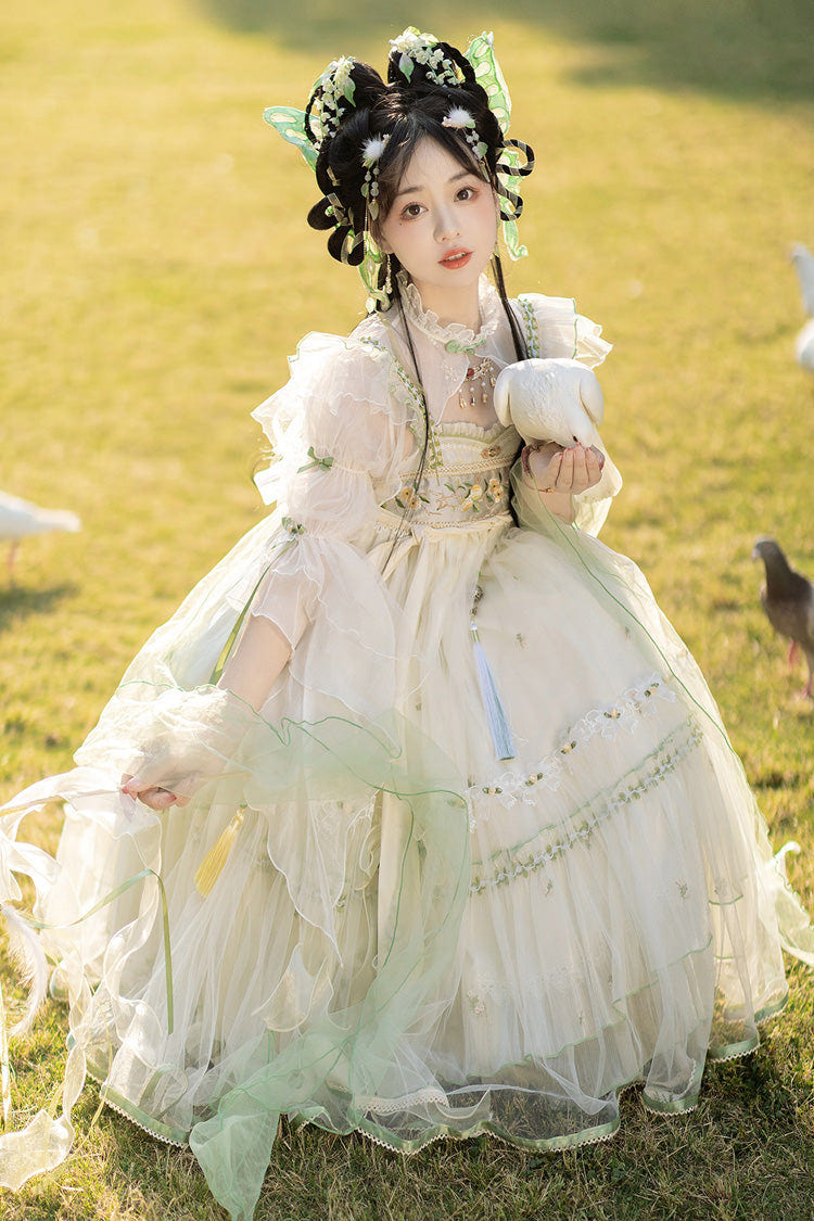 Ivory [Luo Ling Fu] Ruffle Embroidery Bowknot Lace Sweet Chinese Style Lolita Jsk Dress - Product - 2