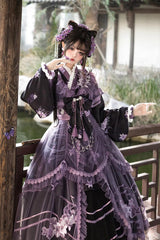 Purple [Violet Gauze Lily] Stand Collar Long Sleeves Ruffled Embroidered Bow Classic Chinese Style Elegant Gorgeous Lolita Dress Set - Purple - 1