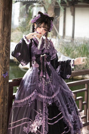 Purple [Violet Gauze Lily] Stand Collar Long Sleeves Ruffled Embroidered Bow Classic Chinese Style Elegant Gorgeous Lolita Dress Set - Purple - 1