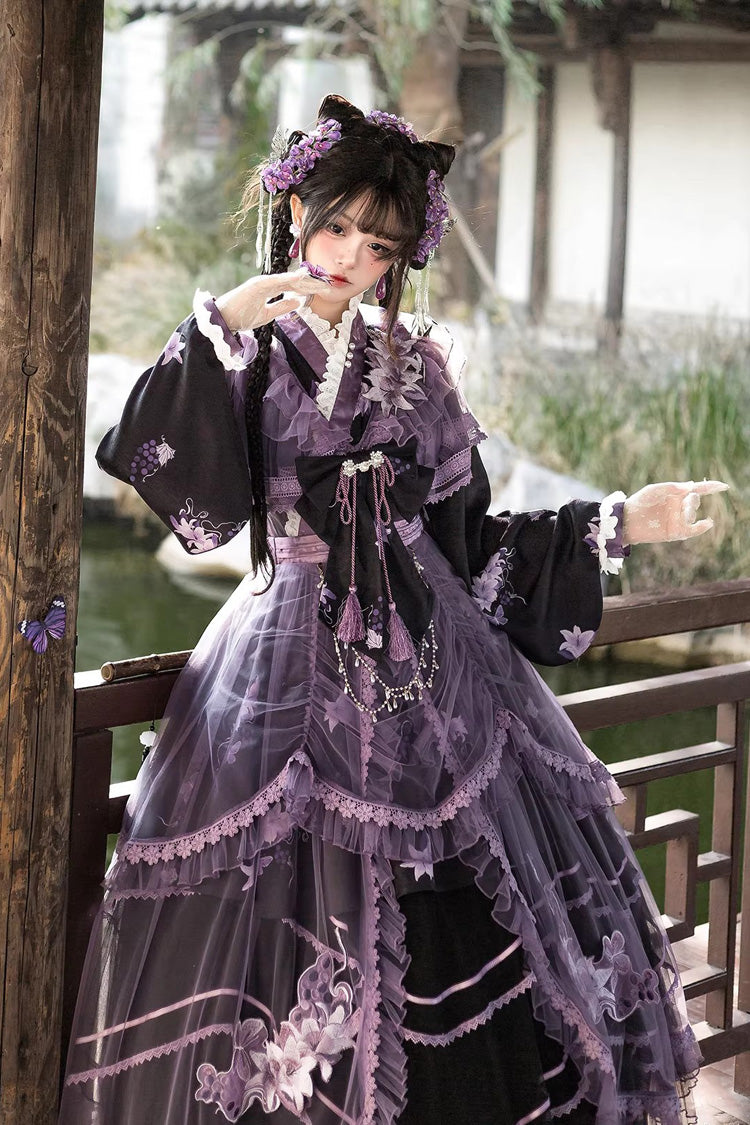 Purple [Violet Gauze Lily] Stand Collar Long Sleeves Ruffled Embroidered Bow Classic Chinese Style Elegant Gorgeous Lolita Dress Set - Purple - 1