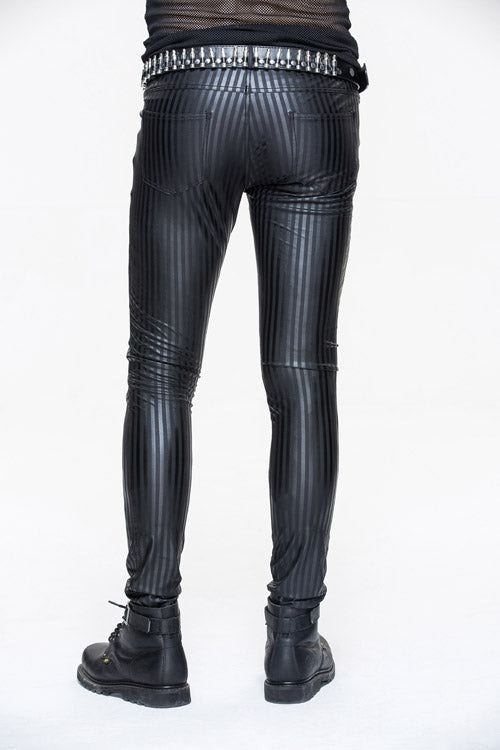 Black Autumn And Winter Vertical Stripes Elastic Punk Leather Mens Pants - Product - 4