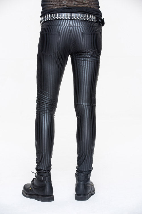 Black Autumn And Winter Vertical Stripes Elastic Punk Leather Mens Pants - Product - 4