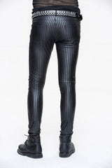 Black Autumn And Winter Vertical Stripes Elastic Punk Leather Mens Pants - Product - 4