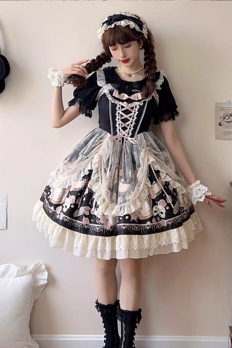 Black Sleeveless Rose Prologue Print Ruffle Bowknot Sweet Elegant Princess Lolita Jsk Dress - Black - 1