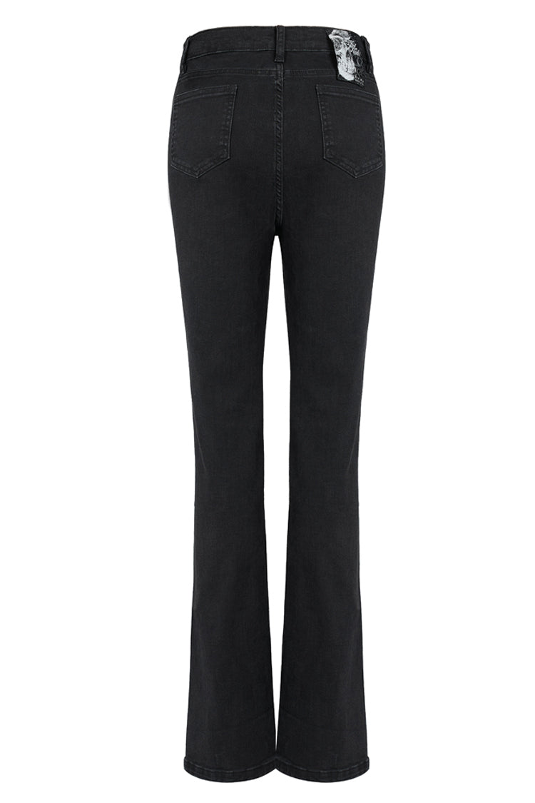 Black Denim Chain Decorated Tight Waist Slit Micro Punk Flared Women's Pants - Product - 7