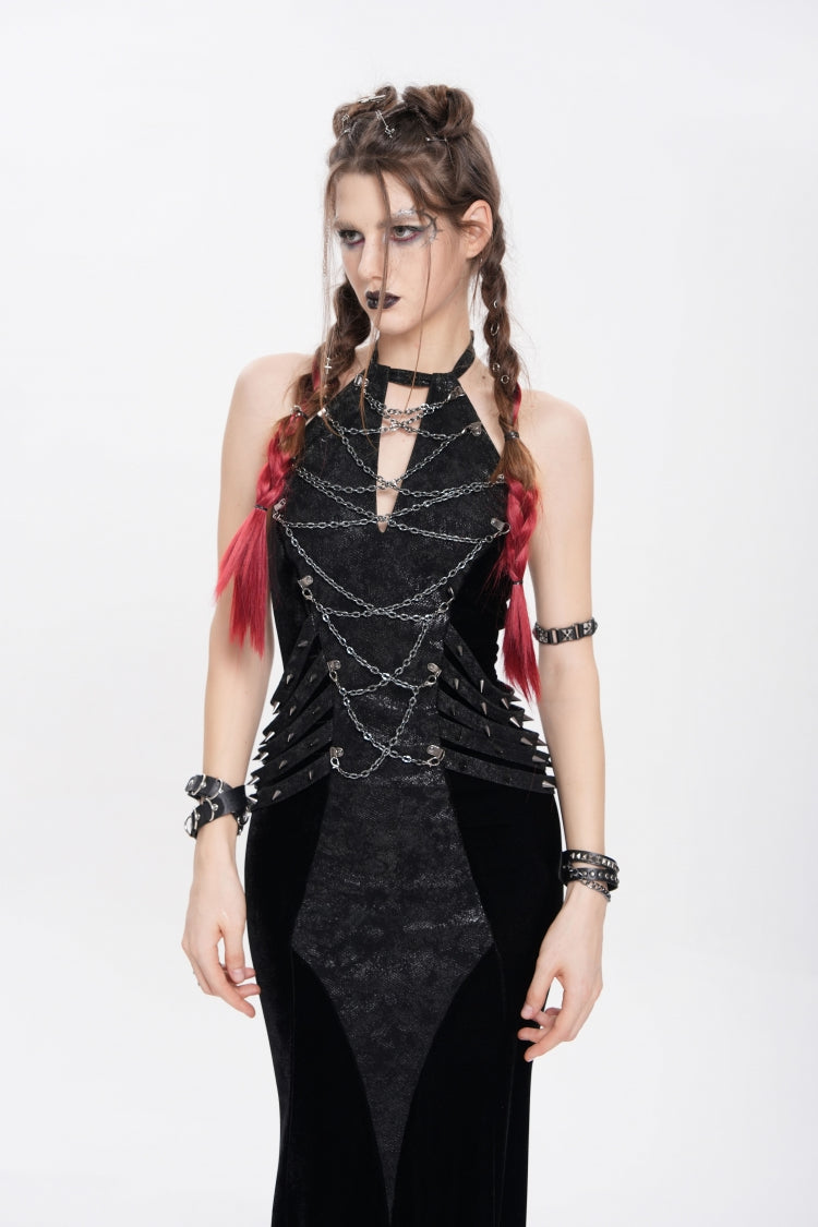 Black Halterneck Sleeveless Rivet Straps Chain Women's Punk Dress - Product - 6