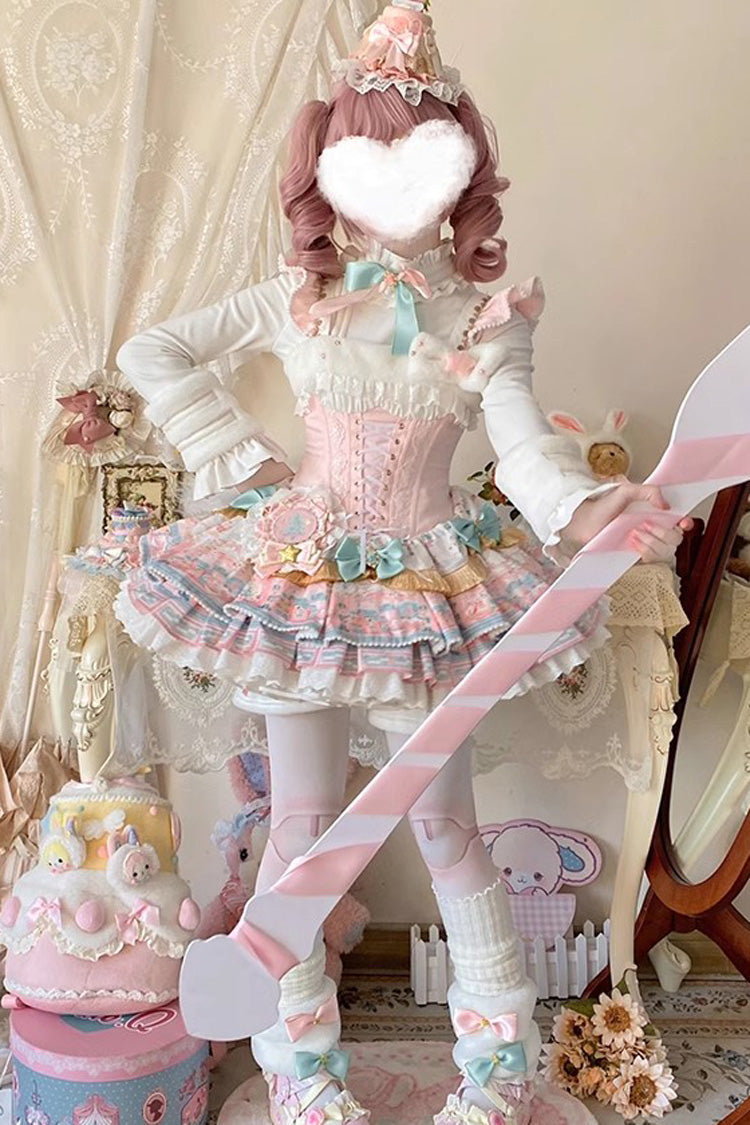 Pink [Candy House] Multi-Layered Print Ruffle Bowknot Lace-Up Sweet Ballet Lolita Jsk Dress - Product - 10