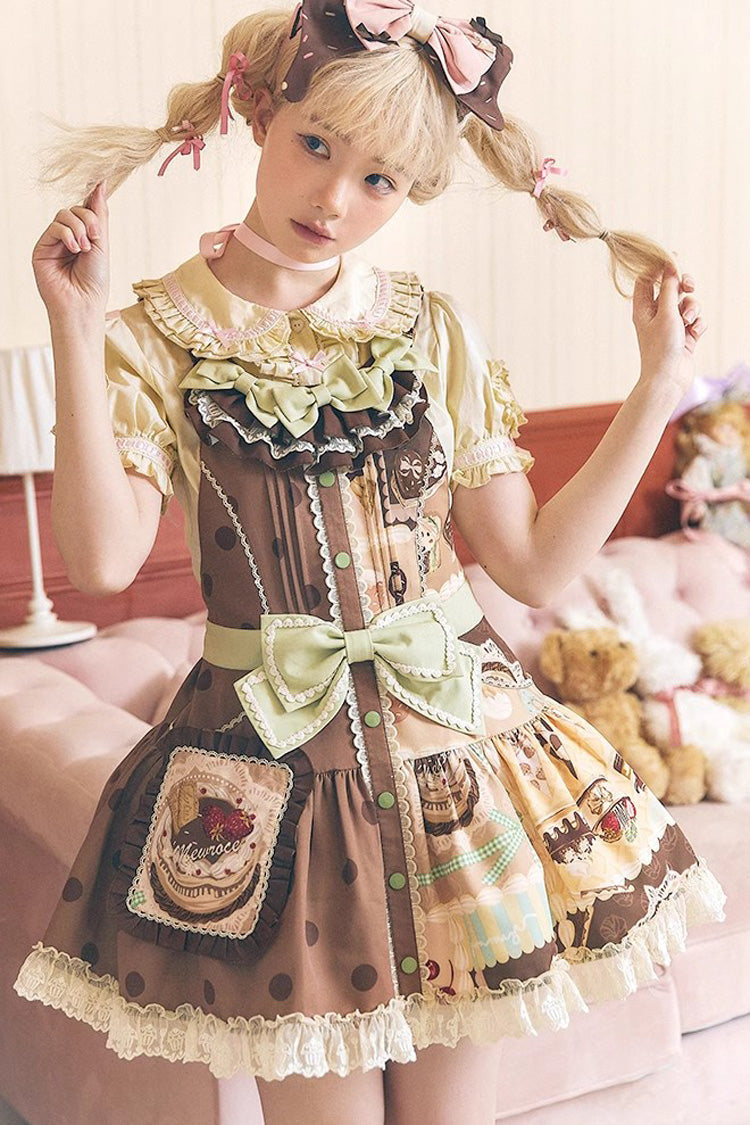 Brown Cake Chocolate Dessert Print Ruffle Bowknot Sweet Lolita Strap Dress - Brown - 1