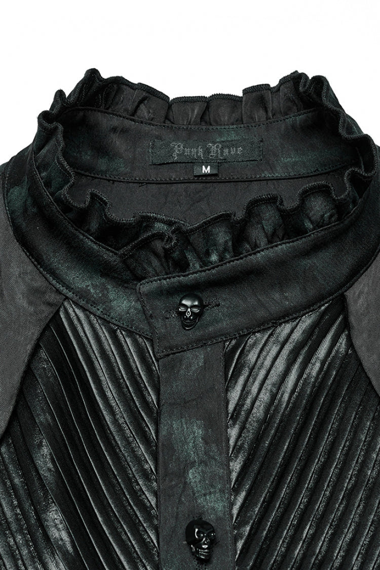 Black/Green Stand Collar Long Sleeves Ruffle Pleated Men's Gothic Blouse - Product - 6