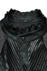 Black/Green Stand Collar Long Sleeves Ruffle Pleated Men's Gothic Blouse - Product - 6