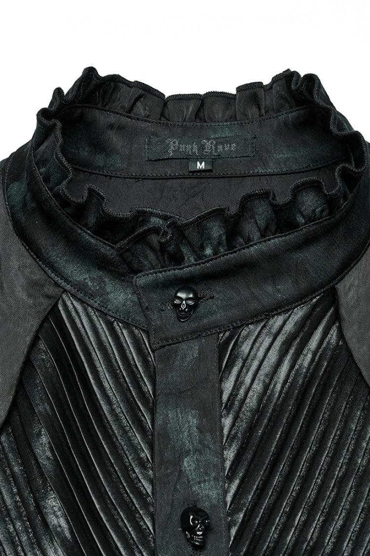 Black/Green Stand Collar Long Sleeves Ruffle Pleated Men's Gothic Blouse - Product - 6