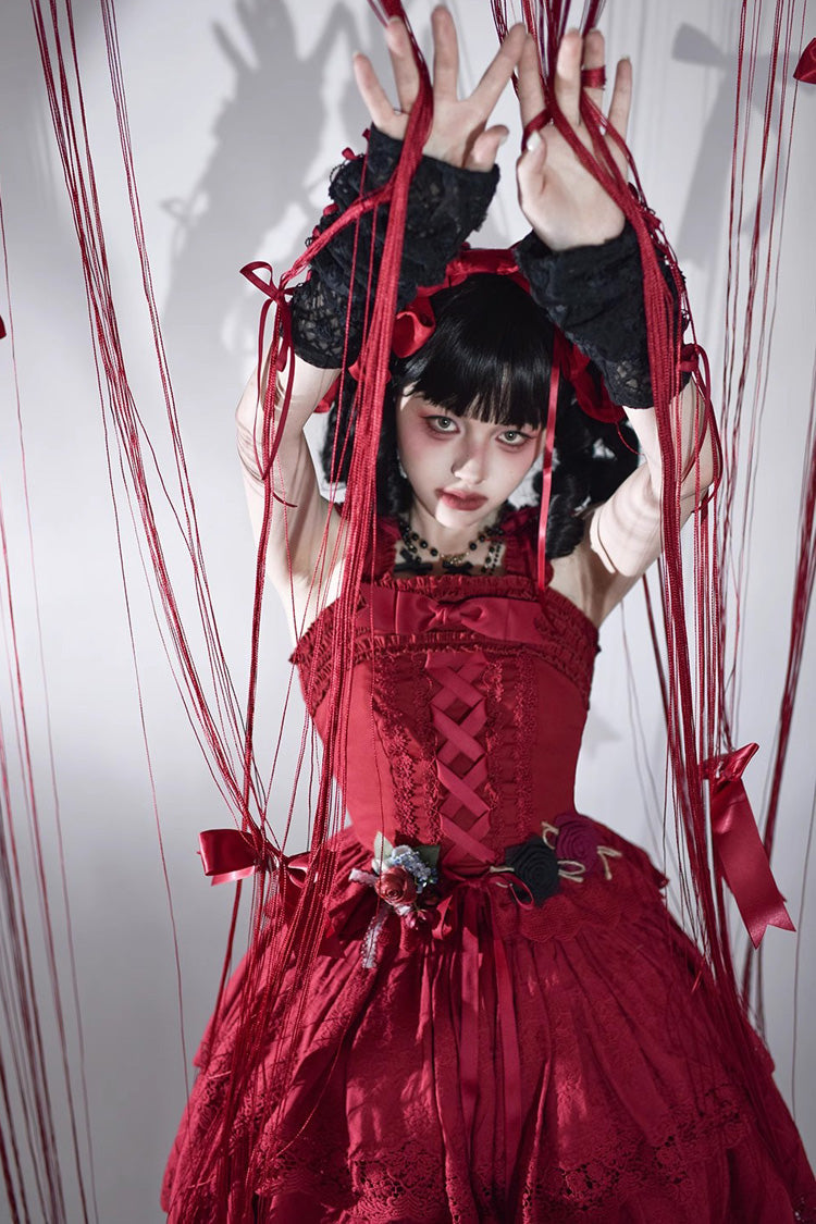 Wine Red [Forest Waltz] Embroidery Bowknot Lace-Up Slim Sweet Elegant Lolita Suspender Top - Product - 6