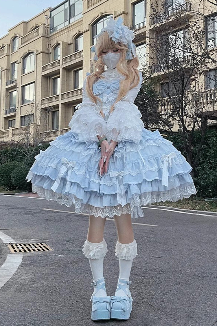 Sweet Multi-Layered Ruffle Bowknot Lace Princess Ballet Lolita Jsk Dress 4 Colors - Blue - 5