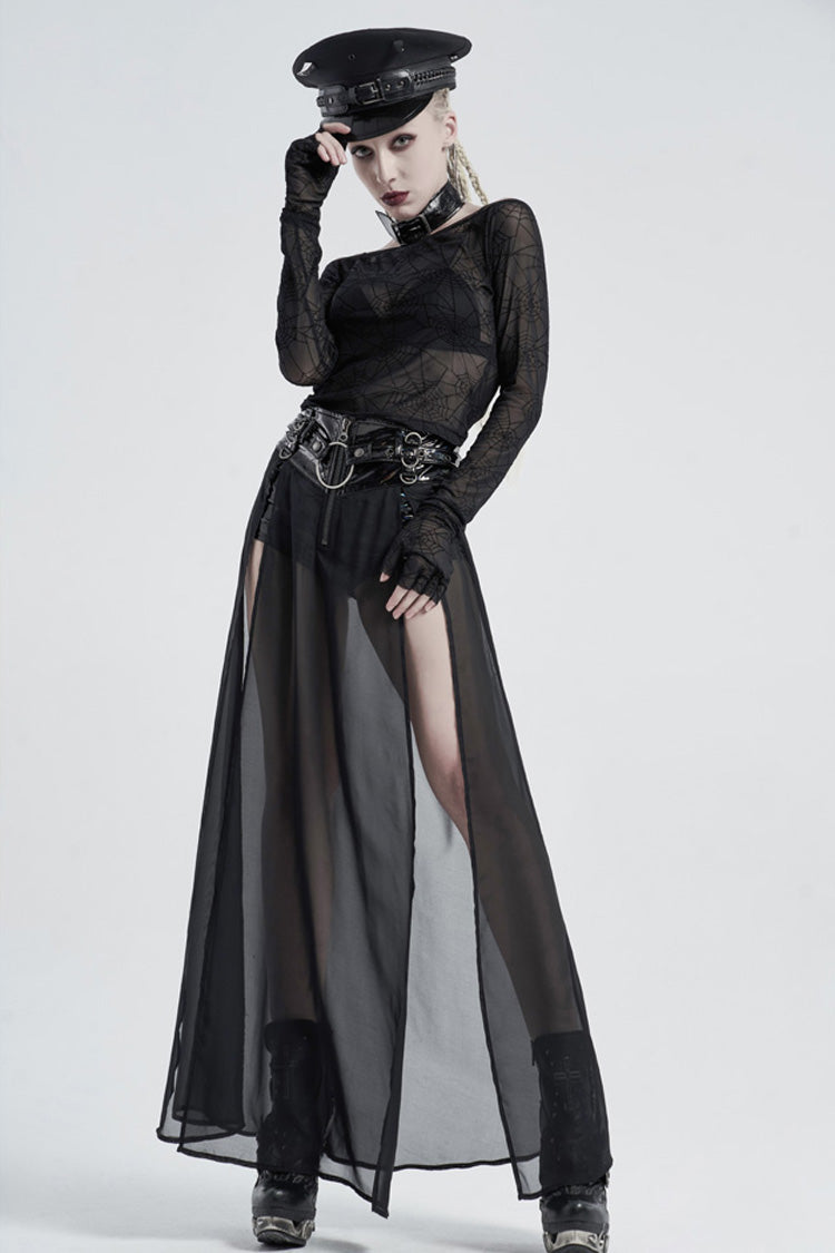 Black Long Sleeve One Word Collar Half Cut Finger Cuffs Tight Velvet Cobweb Prints Women's Punk T-Shirt - Product - 2