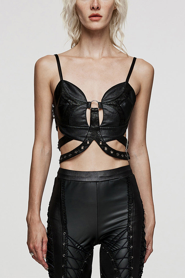 Black Faux Leather Hollow Metal Ring Lace Women's Gothic Corset - Black - 1