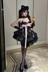 Black [Kitten Sweetheart] Multi-Layered Ruffled Bow Lace-Up Princess Ballet Gothic Lolita Jsk Dress - Product - 6