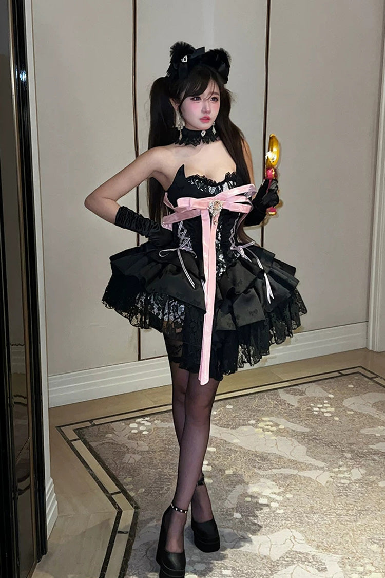 Black [Kitten Sweetheart] Multi-Layered Ruffled Bow Lace-Up Princess Ballet Gothic Lolita Jsk Dress - Product - 6