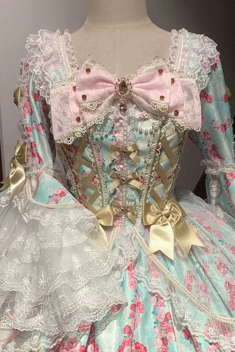 Mint Green/Pink [Rose Garden Prelude] Square Collar Long Trumpet Sleeves Printed Ruffled Bow Lace Lace-Up Sweet Lolita Dress - Product - 11