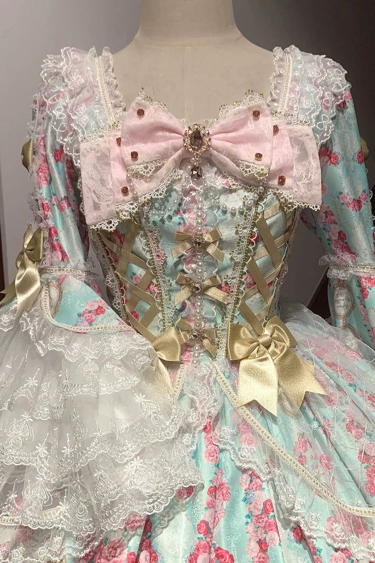 Mint Green/Pink [Rose Garden Prelude] Square Collar Long Trumpet Sleeves Printed Ruffled Bow Lace Lace-Up Sweet Lolita Dress - Product - 11