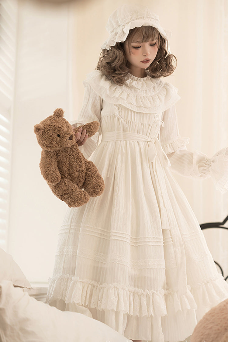 White [Good Night] Long Sleeves Double-Layered Ruffle Bowknot Lace-Up Holy Sweet Lolita Dress - Product - 9