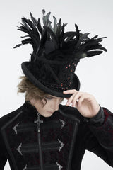 Black Embroidered Men's Gothic Palace Accessory Floral Feather Top Hat - Product - 7