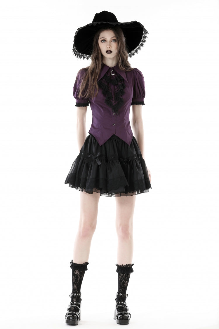 Purple Moon Frilly Collar Short Puff Sleeves Women's Gothic Blouse - Purple - 1