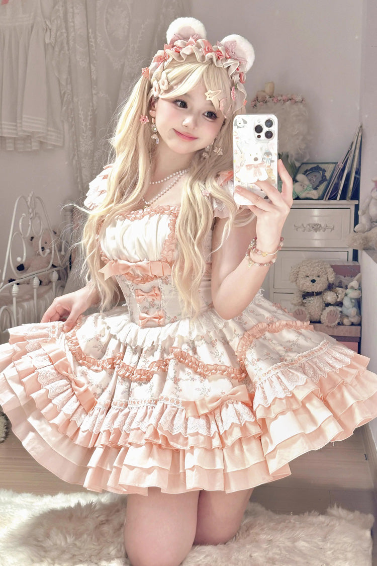 Floral Print Multi-layer Ruffle Bowknot Lace Sweet Lolita Tiered Dress 2 Colors - Product - 2