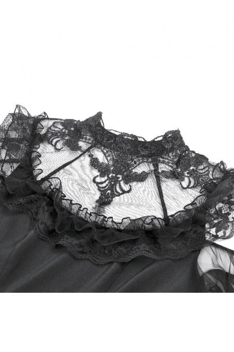 Black Cut-Out Multi-Layered Ruffled Long Trumpet Sleeves Sheer Mesh Splice Lace Lace-Up Women's Gothic Dress - Product - 10