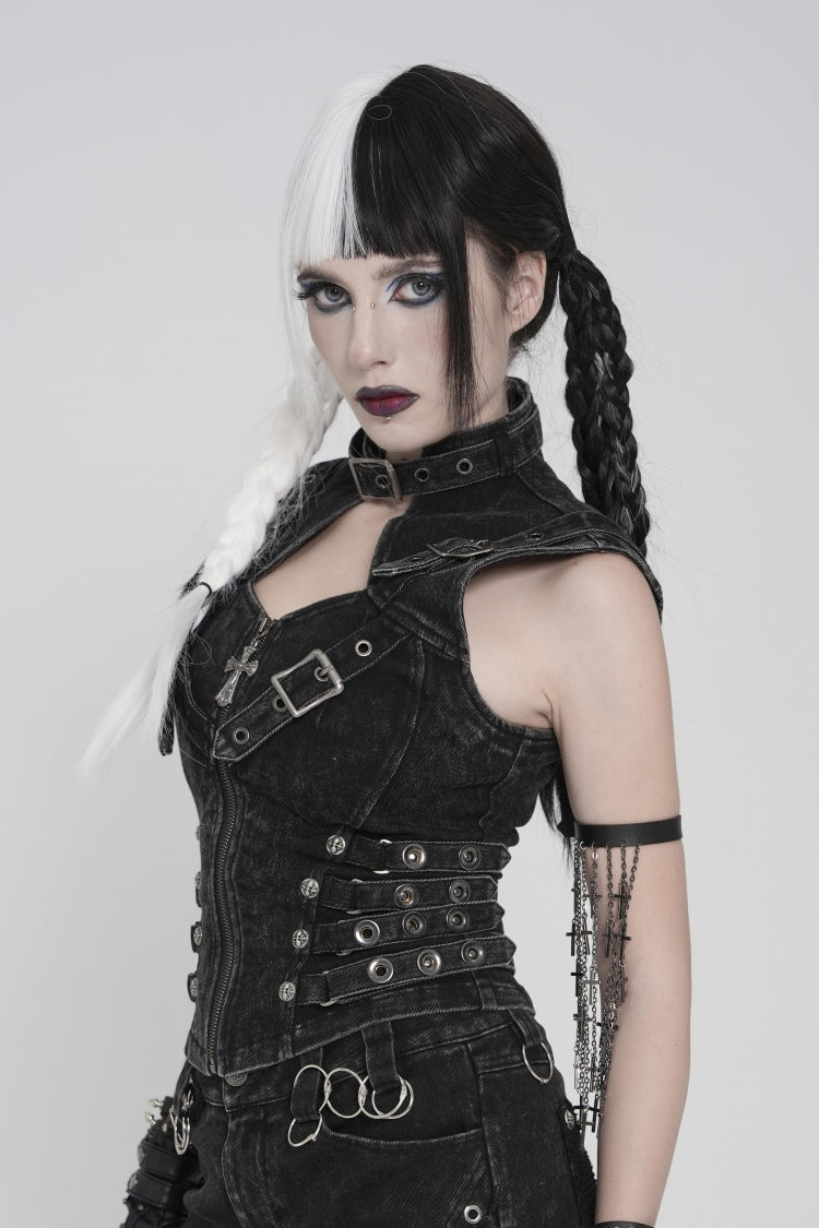 Black Halterneck Slim Buckled Zippered Women's Punk Vest - Product - 7
