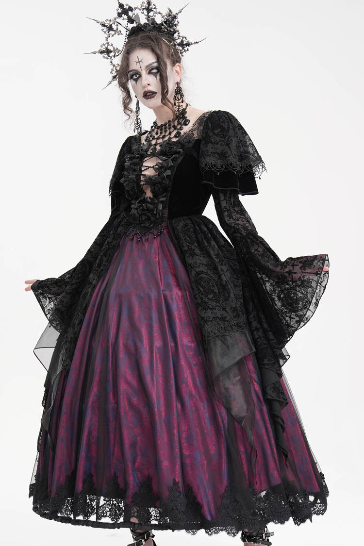 Black/Purple Crochet Long Sleeves Hanayome Lace Women's Gothic Dress - Product - 4