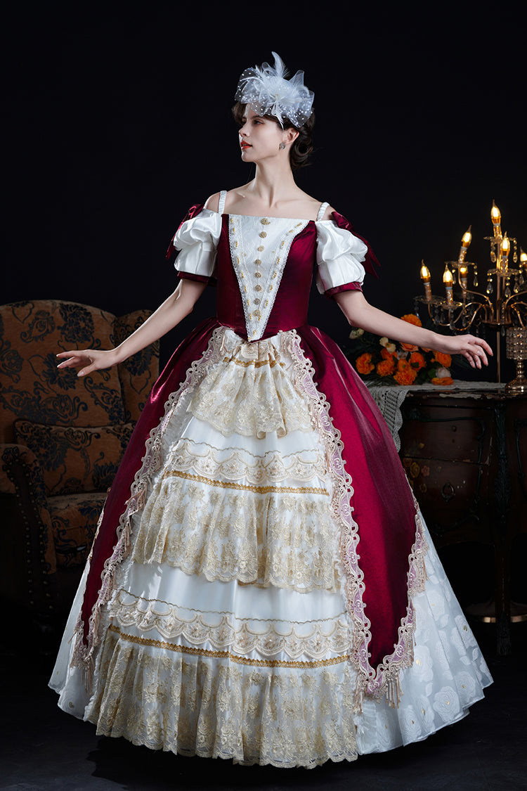 Red/Apricot Off Shoulder Short Sleeves Ruffle Cardigan Bowknot Lace Classic Princess Palace Lolita Victorian Dress - Product - 3