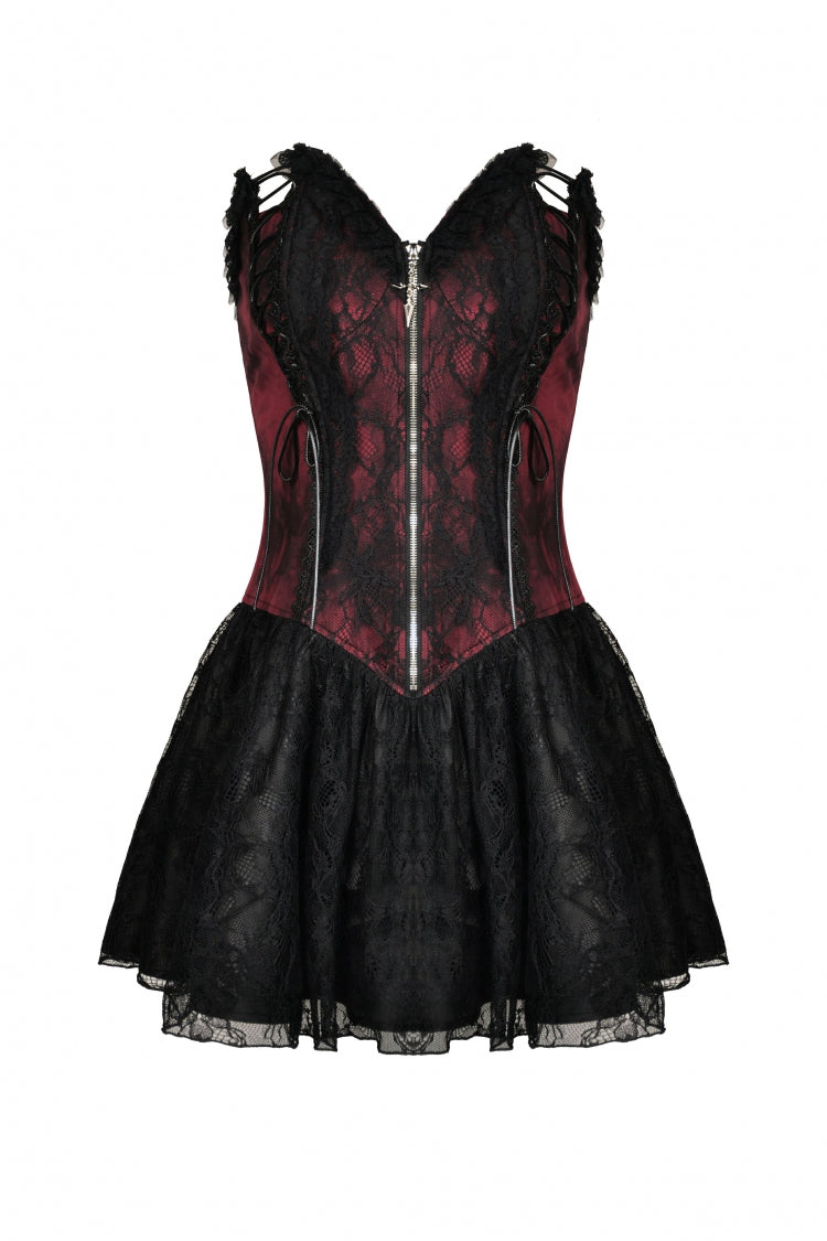 Wine Red Off Shoulder Lace Lace-Up Zippered Women's Gothic Strapless Graduation Dress - Product - 3